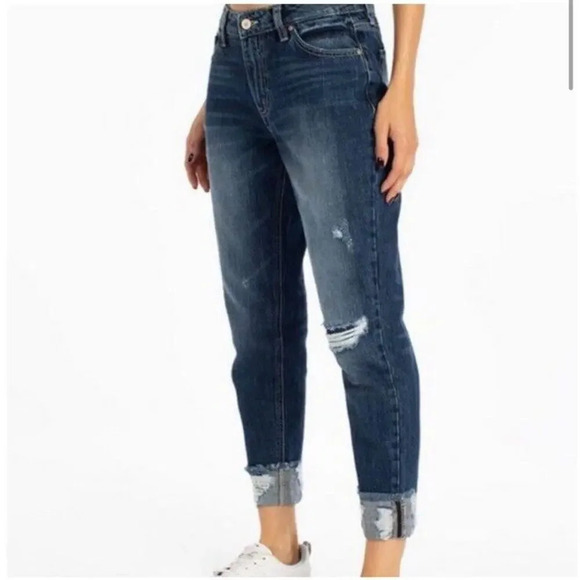 Kancan Bernice High Rise Boyfriend Jeans Distressed Dark Wash Raw Hem Size 28 - Picture 1 of 9